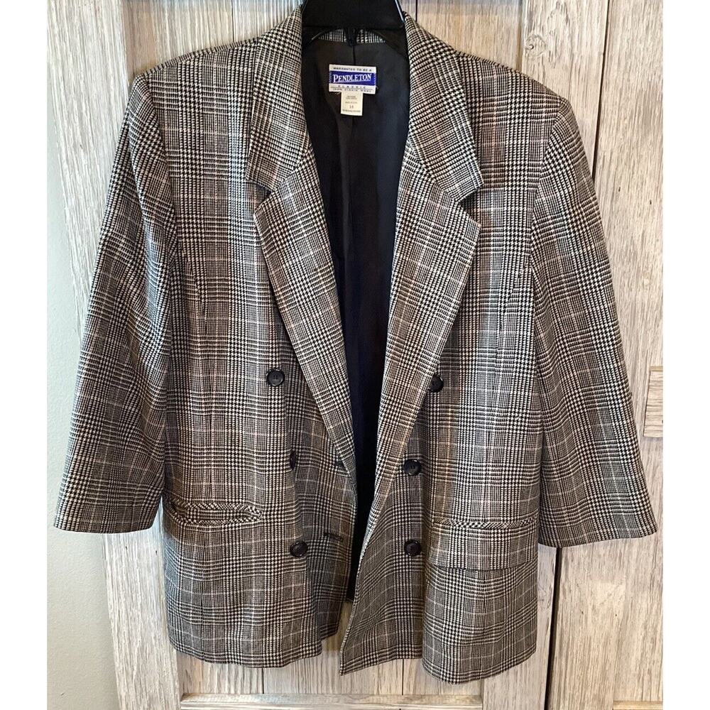 VTG Pendleton Classic 100% Virgin Wool Plaid Pink Stripe Blazer Sz 16